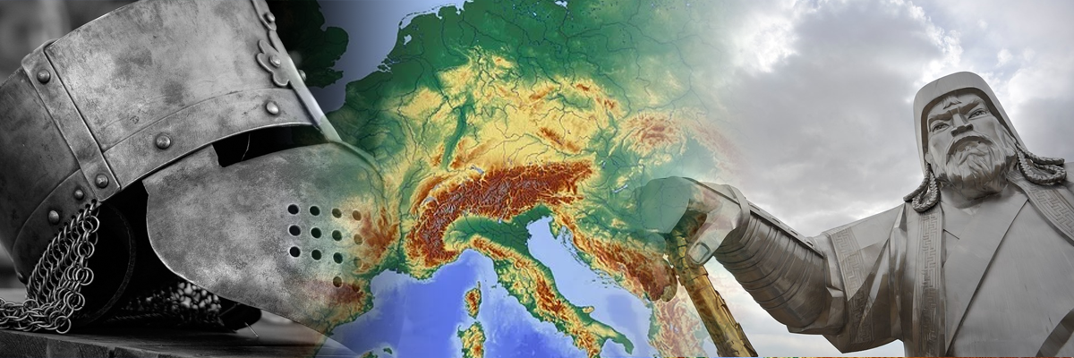 Genghis Khan and a knight's helmet superimposed over a map of Europe
